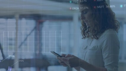 Poster - Animation of stock market data processing over caucasian woman using smartphone at office