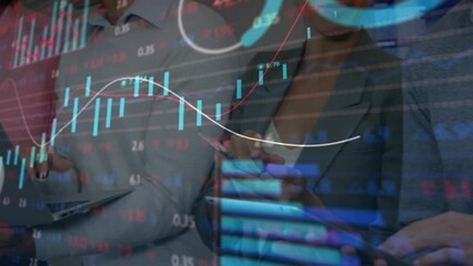 Poster - Animation of stock market data processing over diverse businesspeople using electronic devices