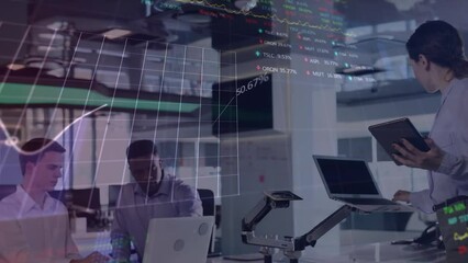 Poster - Animation of statistical, stock market data processing over caucasian woman using tablet at office