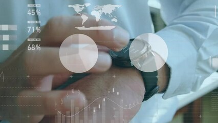Poster - Animation of statistical data processing against mid section of man using smartwatch at office
