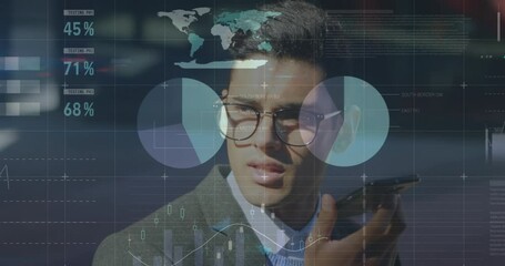 Poster - Animation of statistical data processing over biracial businessman talking on smartphone on street