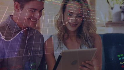 Poster - Animation of statistical, stock market data processing over caucasian couple using tablet at a cafe