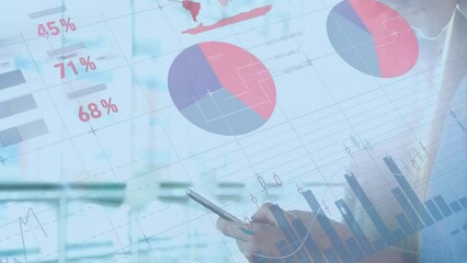 Poster - Animation of statistical data processing against caucasian man using a smartphone at office
