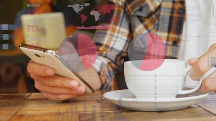 Poster - Animation of data processing over mid section of man using a smartphone and having coffee at a cafe