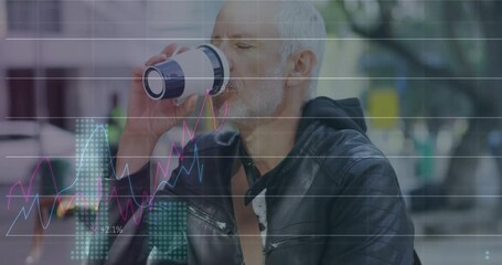 Poster - Animation of statistical data processing against caucasian senior man drinking coffee at a cafe