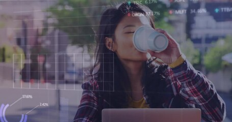 Poster - Animation of statistical, stock market data processing over asian woman drinking coffee at a cafe
