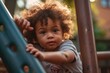 A Mixed-race toddler exploring surroundings, climbing on a playground structure, showcasing gross motor skills and physical development. Opportunities for active play and coordination. Generative AI