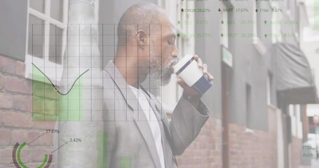 Poster - Animation of stock market data processing over african american man ddrinking coffee on the street