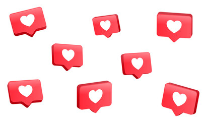 Wall Mural - 3d Heart like in speech bubble icon background. social media notification icons 3d modern, love like icon chat bubbles social network post reactions - favorite hearts, 3d rendering vector illustration