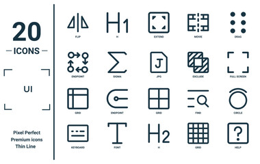 ui linear icon set. includes thin line flip, endpoint, grid, keyboard, help, jpg, circle icons for report, presentation, diagram, web design