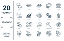 Seafood Linear Icon Set. Includes Thin Line Clam, Crab, Shrimp, Jellyfish, Seafood, Oyster, Anchovy Icons For Report, Presentation, Diagram, Web Design