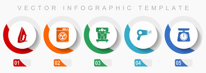 Aufkleber - Household appliances icon set, miscellaneous icons such as iron, dryer, coffee maker adn kitchen scale, flat design vector infographic template, web buttons in 5 color options