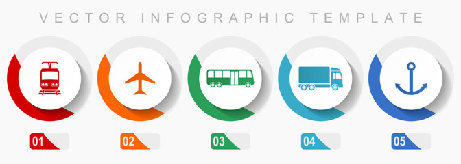 Wall Mural - Transport icon set, miscellaneous icons such as train, plane, bus, truck and anchor, flat design vector infographic template, web buttons in 5 color options