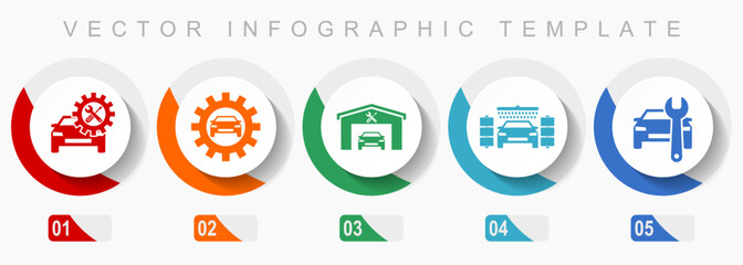 Leinwandbilder - Technology icon set, miscellaneous icons such as workshop, car, service and carwash, flat design vector infographic template, web buttons in 5 color options