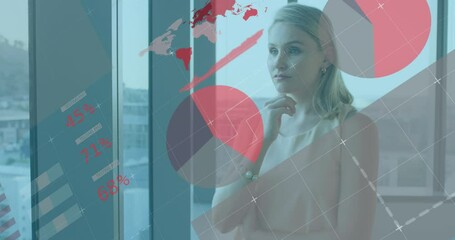 Poster - Animation of data processing over thoughtful caucasian woman looking out of the window at office