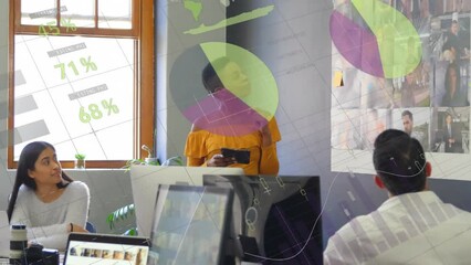 Poster - Animation of statistical data processing over african american woman giving a presentation at office