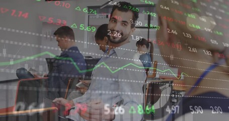 Poster - Animation of stock market data processing against diverse man and woman discussing at office