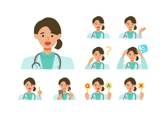 Wall Mural - Doctor Woman wearing lab coats. Healthcare conceptWoman cartoon character head collection set. People face profiles avatars and icons. Close up image of smiling Woman.