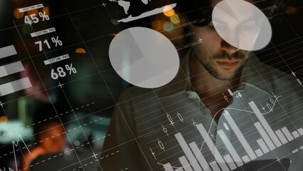Poster - Animation of statistical data processing against thoughtful caucasian man using tablet at office