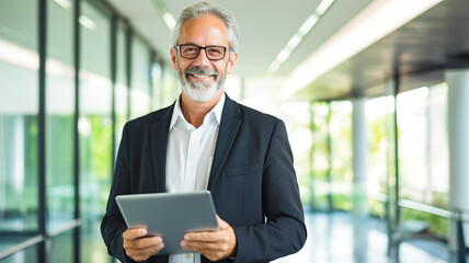 Wall Mural - A mature businessman standing in an office, using tablet.