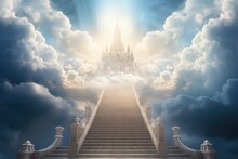 Stairs Leading To The Sky With Cloud And Heaven City. Generative AI