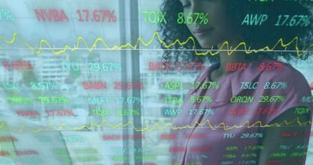 Poster - Animation of stock market data processing over happy african american woman using laptop at office