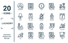 Laundry Linear Icon Set. Includes Thin Line No Bleaching, Chair, Temperature, Iron, Towel, No Bleach, Do Not Iron Icons For Report, Presentation, Diagram, Web Design