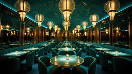 Canvas Print -  a dining car with blue upholstered seats and gold fixtures.  generative ai