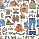 Fototapeta Koty - Fashion clothes set. Garment, accessory for men, women. Different apparel collection. Modern casual dress, pants, jacket, shoes and bags. Seamless pattern background for your design. Vector
