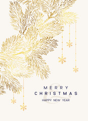 Wall Mural - christmas poster with golden pine branches on white background. new year illustration.
