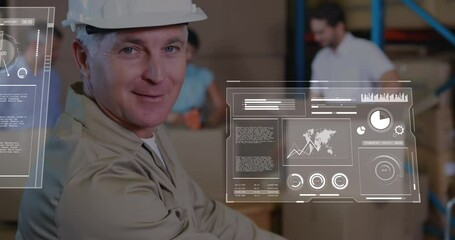Poster - Animation of globes, graphs, loading bars over caucasian man keeping cardboard box on table