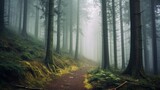 Fototapeta Las - Foggy forest, with trees partially covered in mist, creating a sense of tranquility. AI generated