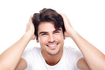 Wall Mural - handsome smiling man sitting with his hands behind his head isolated on white