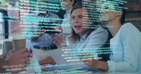 Poster - Animation of multicolored computer language over diverse coworkers discussing while drinking coffee