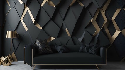 Interior with a beautiful black wall with 3D abstract pattern of polygons and furniture with golden fittings