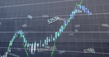 Poster - Animation of multiple graphs and changing numbers over aerial view of modern cityscape sky