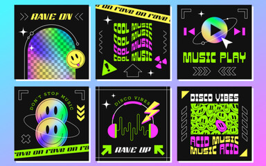 Fototapete - Music event social media posters templates with geometric shapes, smiles and rainbow holographic gradient. Set of banners, flyers in y2k style. Disco posters with neon copy space, hologram elements.