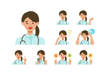 Wall Mural - Working nurse Woman. Healthcare conceptWoman cartoon character head collection set. People face profiles avatars and icons. Close up image of smiling Woman.