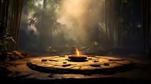 Place For Meditation Of A Yoga Guru With Fire Place, Mysterious Atmosphere