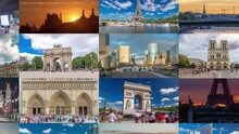 Multi Screen Collage Of Paris Timelapse Hyperlapse, France. Collection Of Footage With The Most Famous Parisian Landmarks: Eiffel Tower, Triumphal Arch, Notre Dame, Defense Skyscrapers, Etc