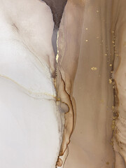  Abstract beige marble art with gold — brown transparent background. Beautiful smudges and stains made with alcohol ink and golden paint. Beige fluid art texture resembles watercolor or aquarelle.
