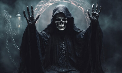 Wall Mural - skeleton fear evil hood ghost halloween horror night death creepy. Generative AI.