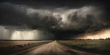 A Storm Approaches A Dirt Road In A Field, 
Wind Storm Stock, Storm Clouds Over A Dusty Road Background, Generative Ai


