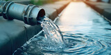 Fototapeta  - Water pipe in water field, discharge. Clear Water flowing from a pipe, closeup.