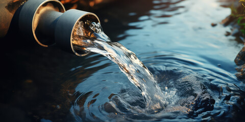 Water pipe in water field, discharge. Clear Water flowing from a pipe, closeup.