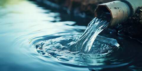 water pipe in water field, discharge. clear water flowing from a pipe, closeup.