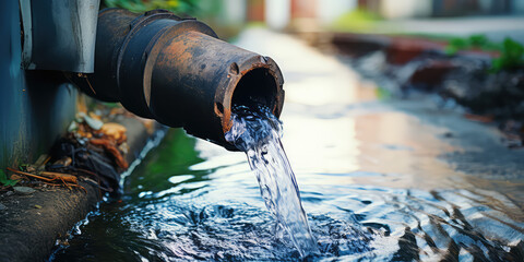 Wall Mural - Water pipe in water field, discharge. Clear Water flowing from a pipe, closeup.