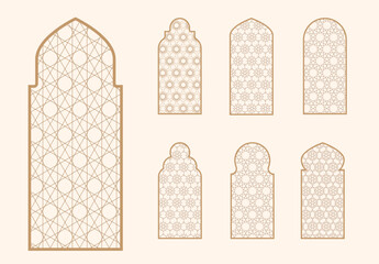 Islamic window shape with mashrabiya pattern. Arabic door frame. Islamic arhitecture elements of window and door and mashrabiya pattern.