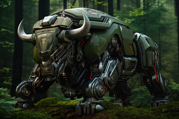 Wall Mural - Image of bison electronic gundam robot technology in the forest. Wildlife Animals. Generative AI. Illustration.