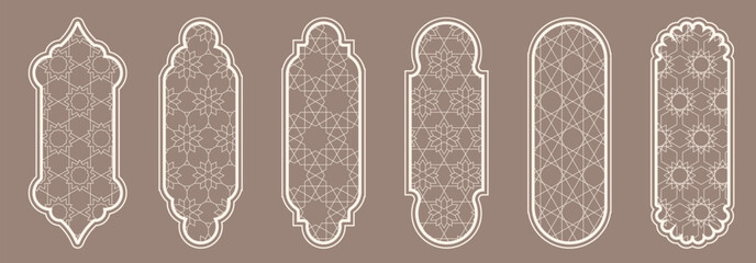 Wall Mural - Islamic window shape with mashrabiya pattern. Arabic door frame. Islamic arhitecture elements of window and door and mashrabiya pattern.